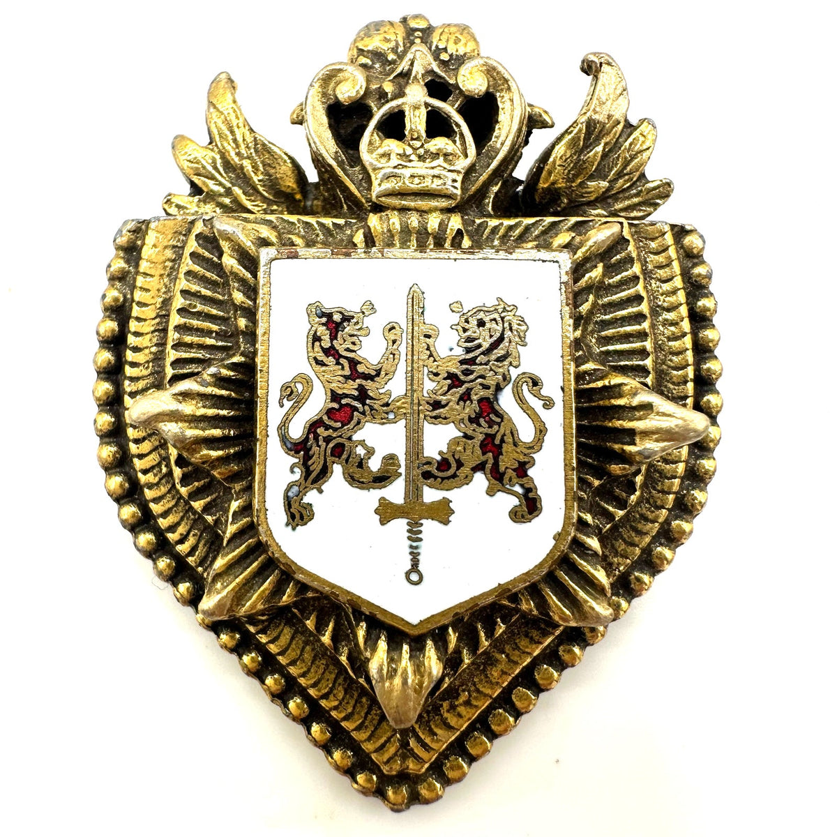 Vintage gold tone Heraldic white red enamel crest shield lion sword crown brooch