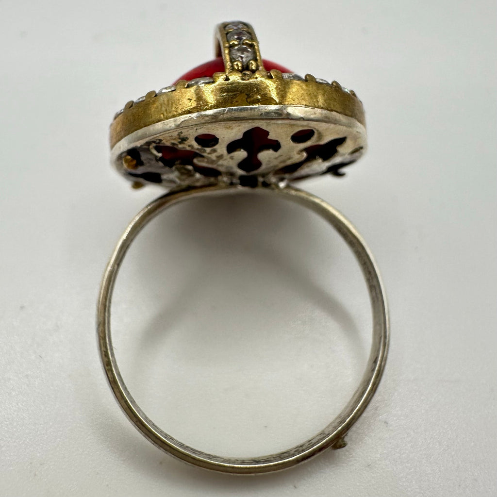 Vintage 925 sterling silver gold plated caged genuine red jasper CZ ring 8.5