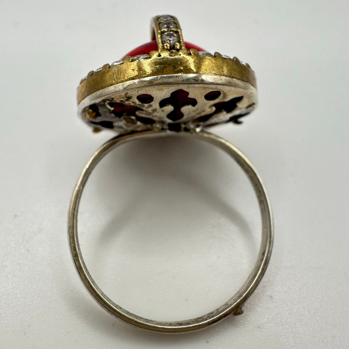 Vintage 925 sterling silver gold plated caged genuine red jasper CZ ring 8.5