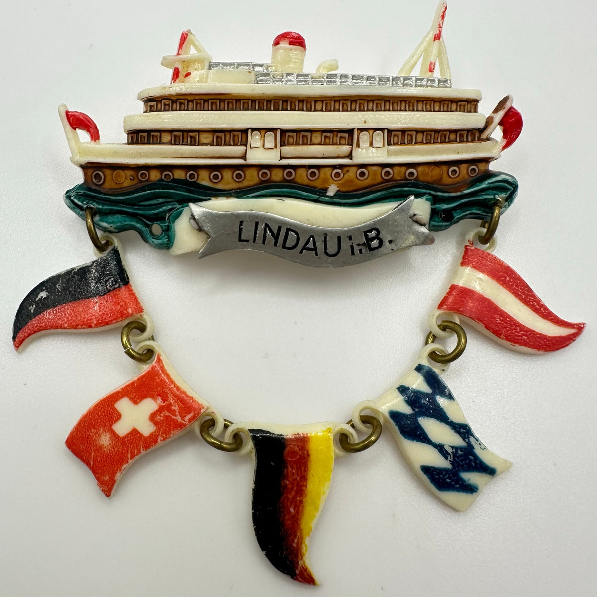 Lindau Germany 1940s retro hand painted celluloid souvenir ship flags brooch