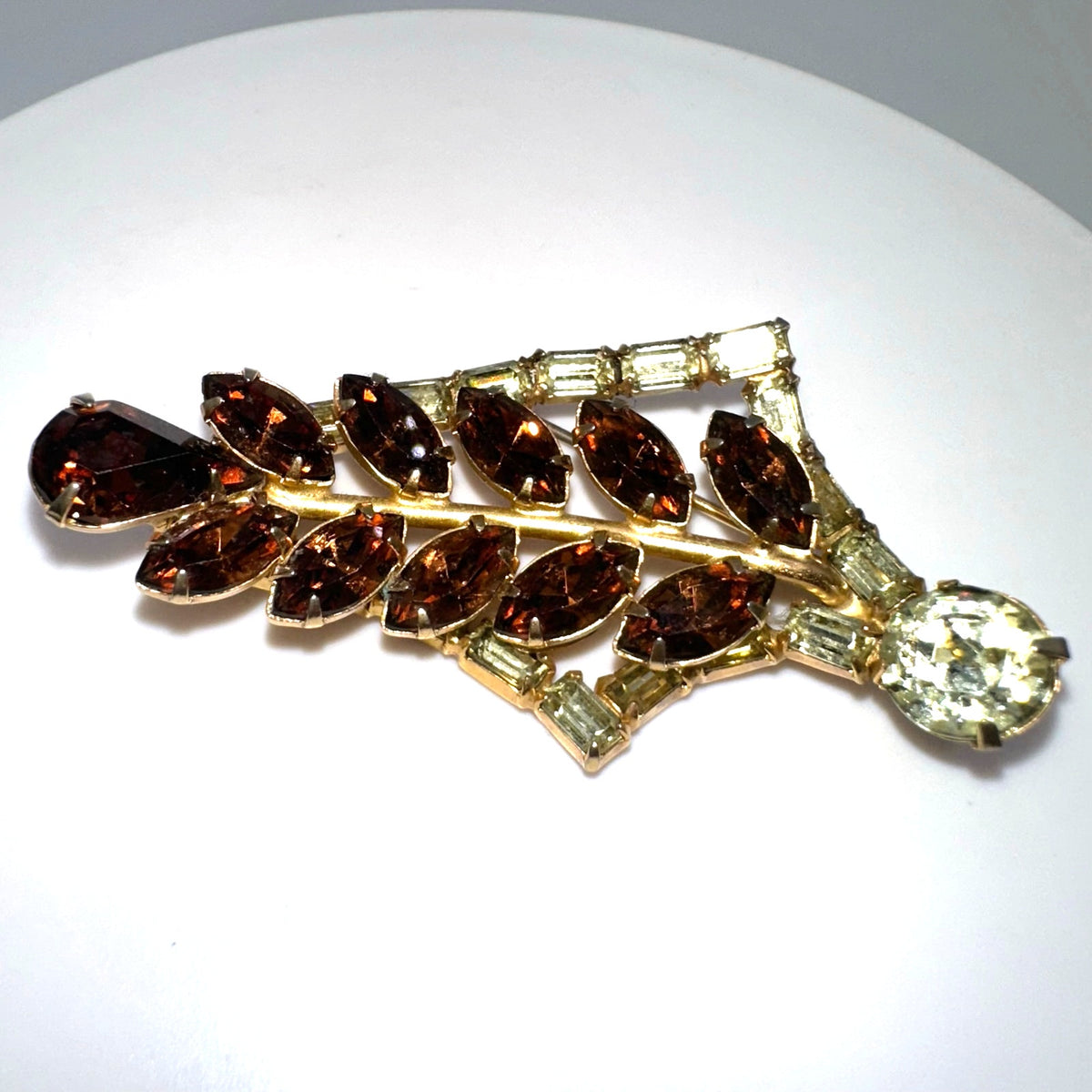 Rare Byer Bros vintage gold tone yellow topaz brown glass rhinestones brooch