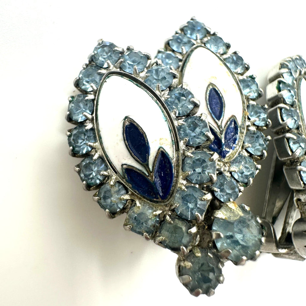 Weiss signed vintage silver tone blue rhinestones white enamel clip on earrings