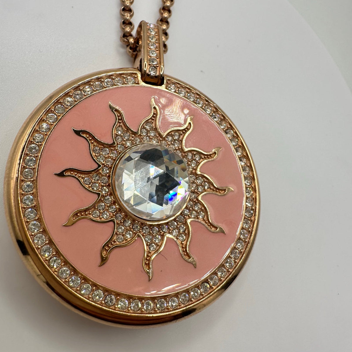 Wintex rose gold pink enamel clear rhinestones quartz pocket watch necklace