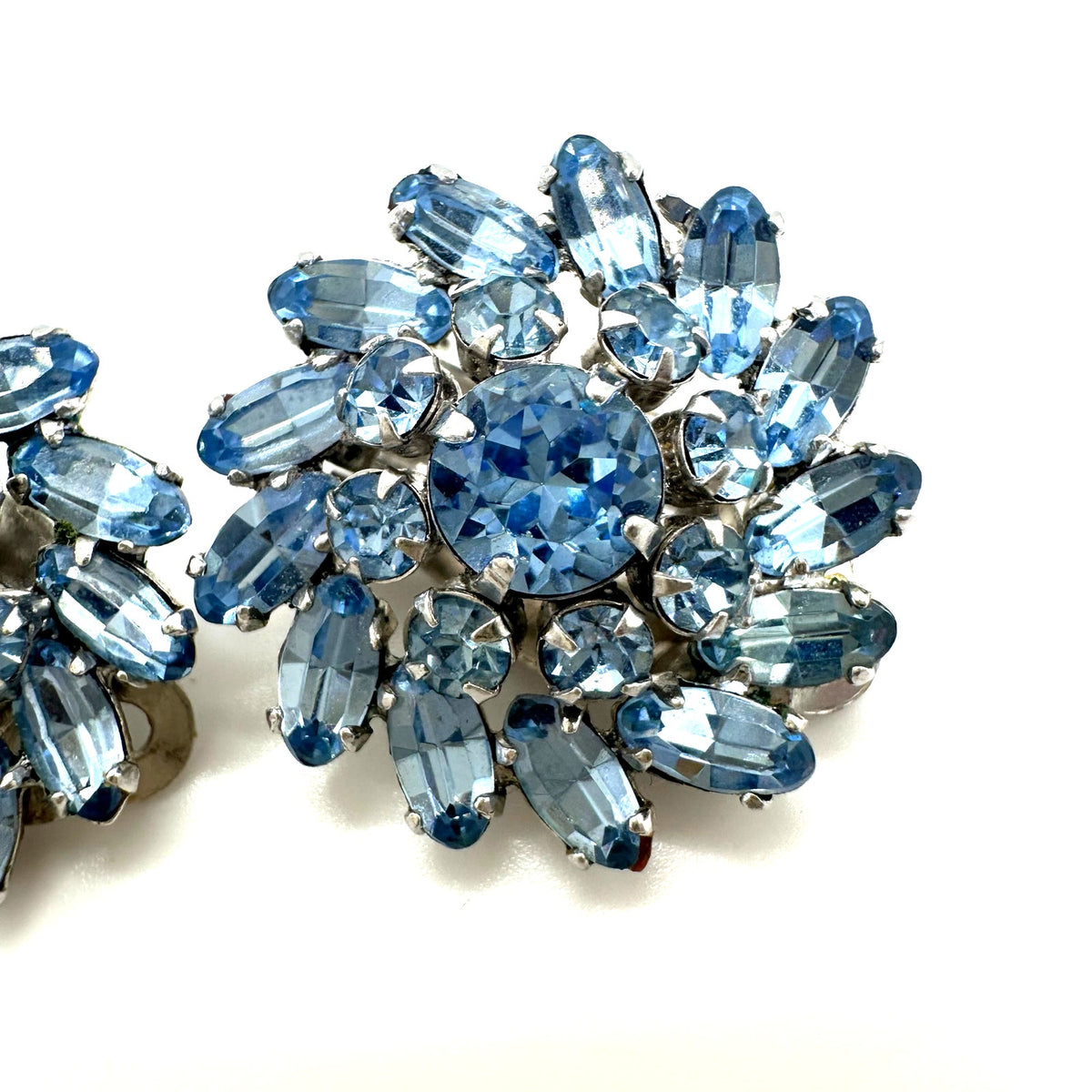 Sherman vintage silver tone light blue glass rhinestones clip on earrings