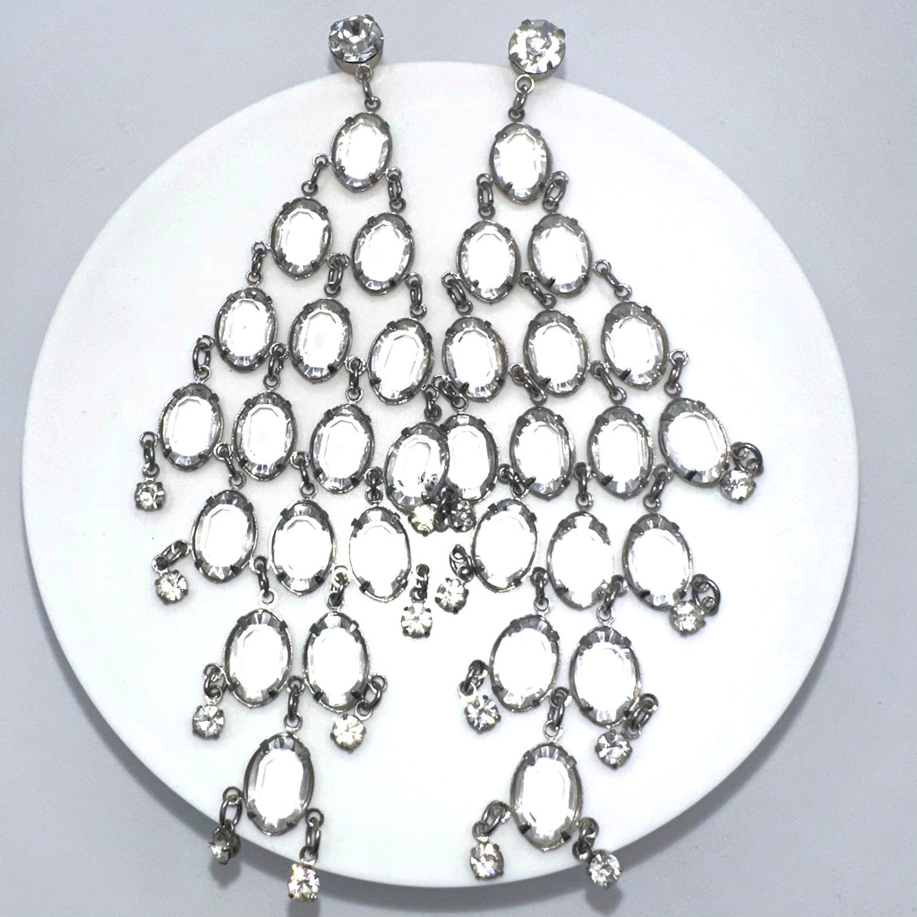 Vintage silver tone clear bezel collet set rhinestones 5" drop post earrings