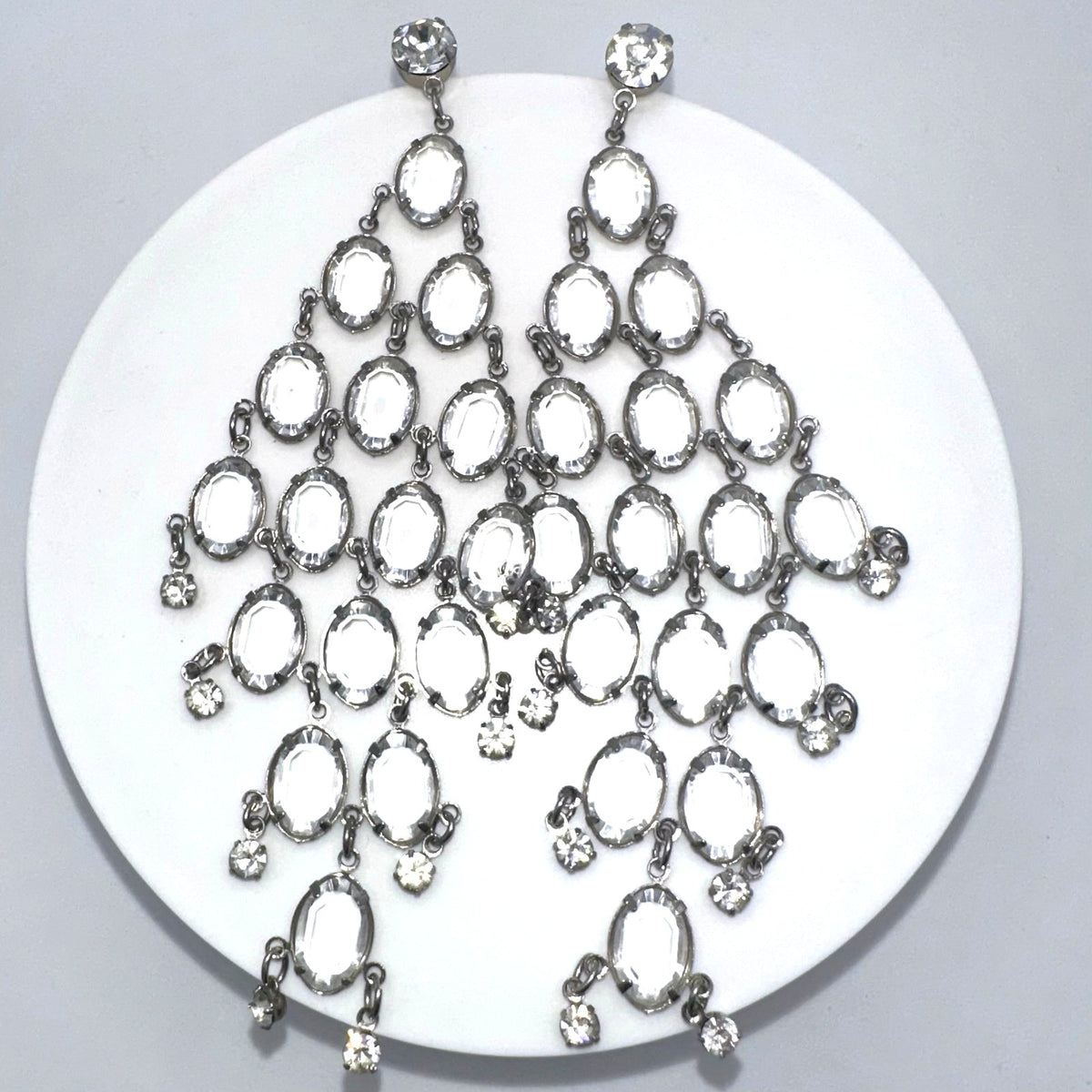 Vintage silver tone clear bezel collet set rhinestones 5" drop post earrings