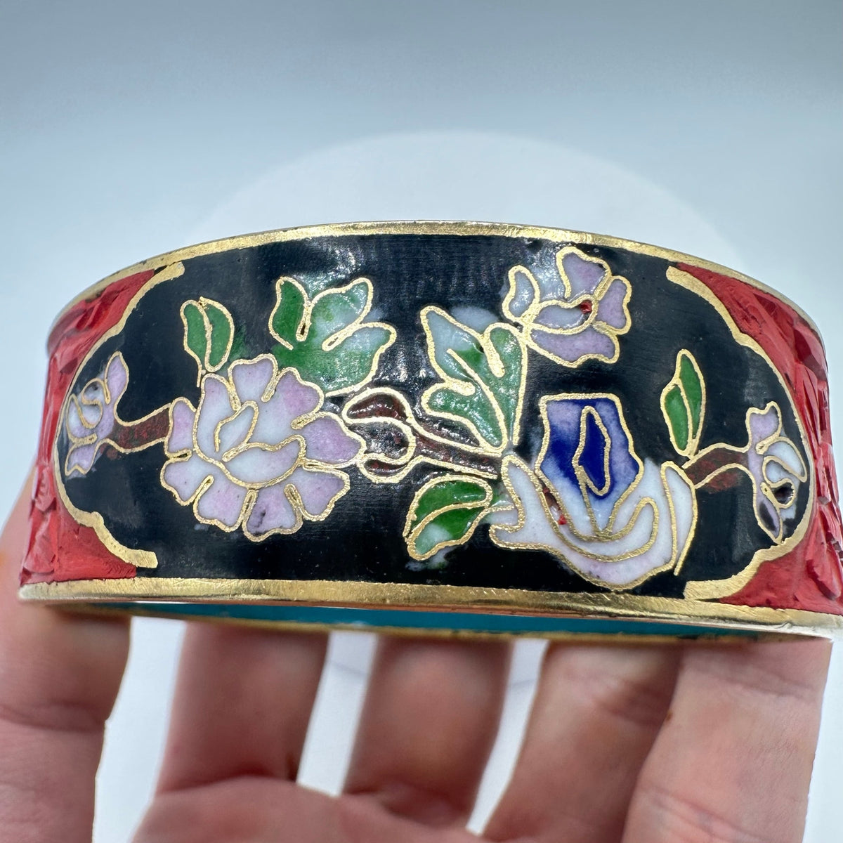 Vintage Chinese multicolor cloisonné enamel red carved cinnabar bangle bracelet