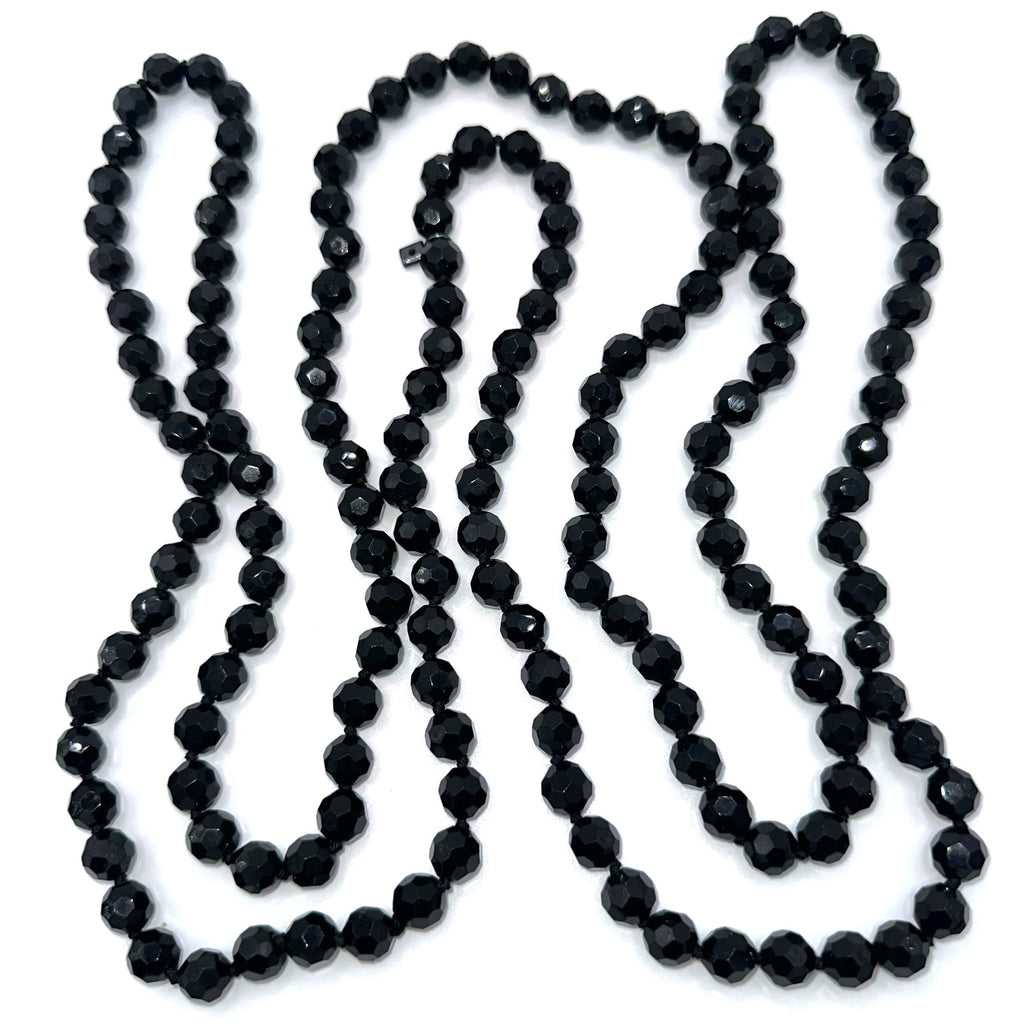 Extra long 72” black faceted glass 10mm beads beaded hand knotted necklace