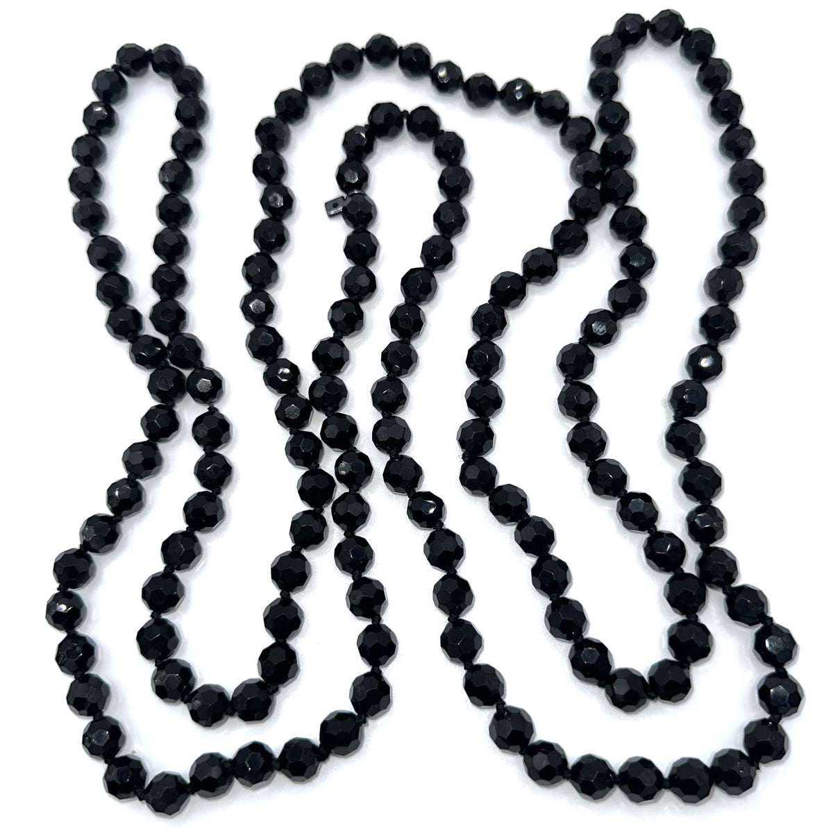 Extra long 72” black faceted glass 10mm beads beaded hand knotted necklace