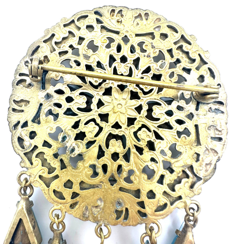 1940s vintage gold tone light blue rhinestones pearl dangling charms brooch