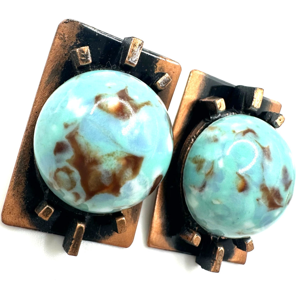 Midcentury vintage modernist copper turquoise lucite cabochons clip on earrings