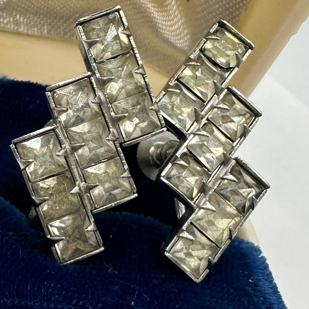 1940s vintage retro clear square rhinestones silver tone screw back earrings