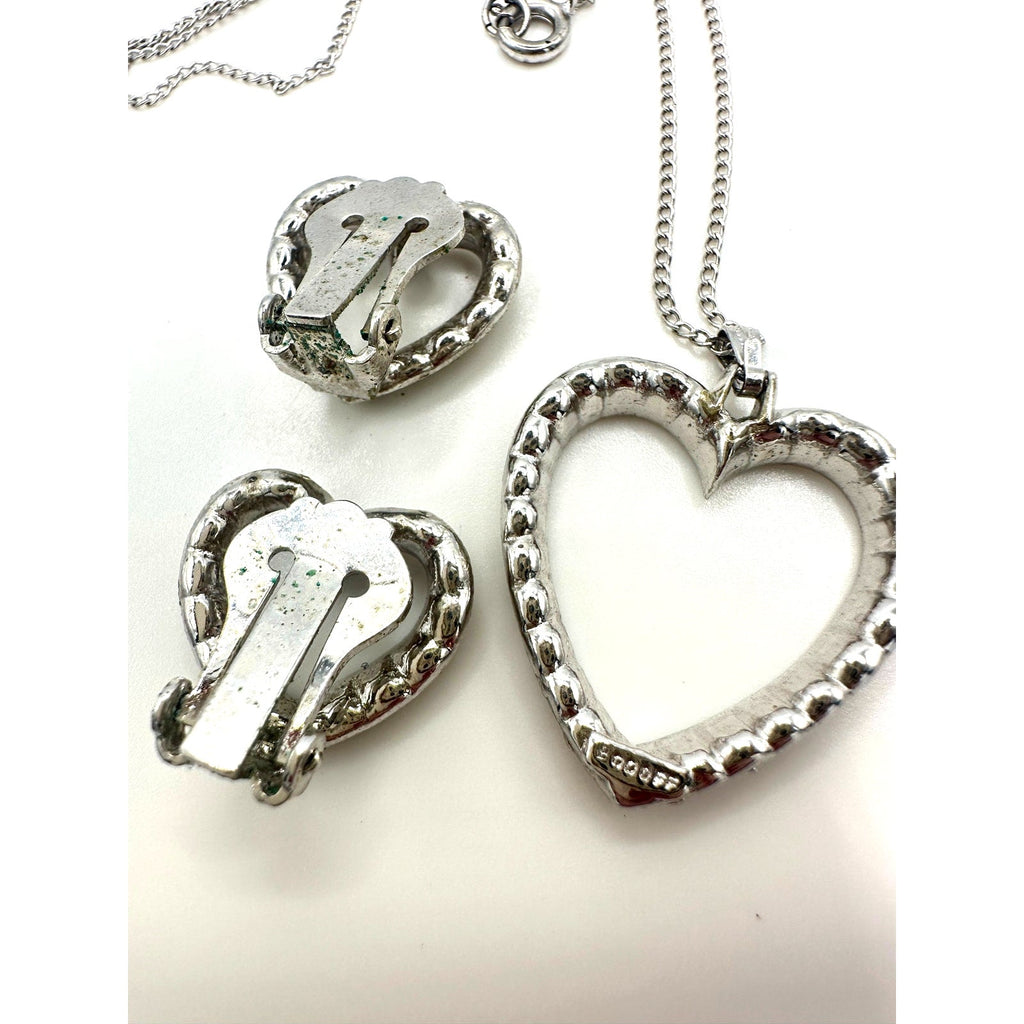 Bogoff vintage silver tone clear rhinestones heart necklace clip on earrings set
