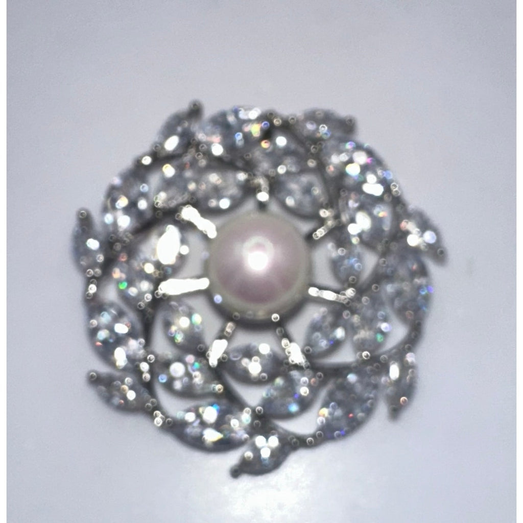 Vintage silver tone clear cubic zirconia CZ faux pearl round circular pendant