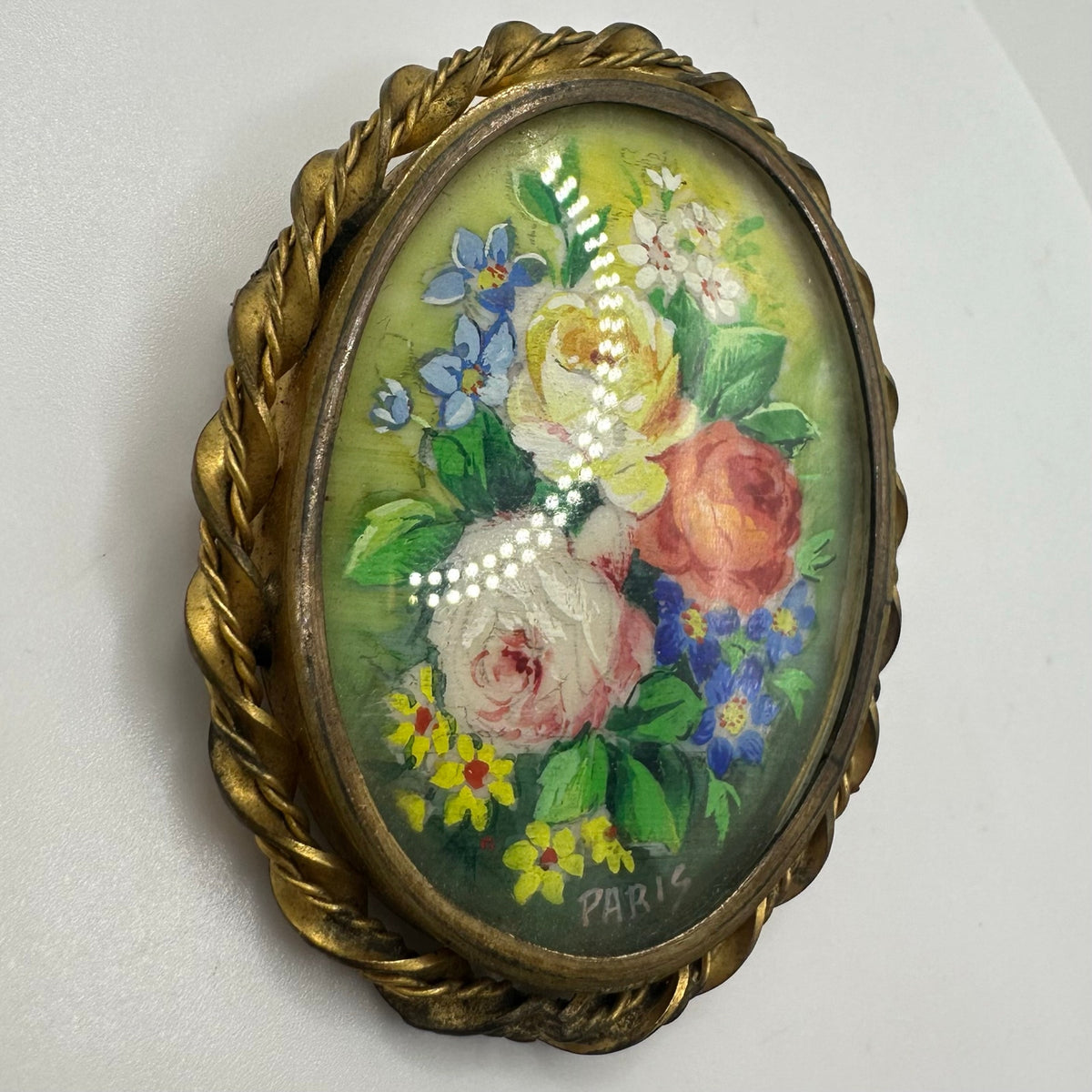 Paris vintage oval brass hand painted multicolor flowers floral bouquet brooch