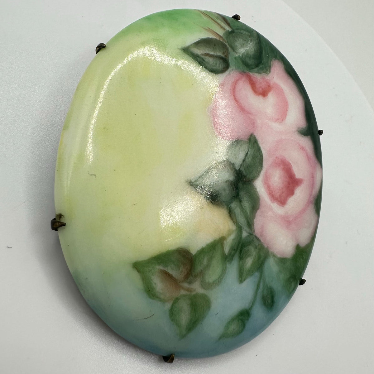 Antique Victorian Edwardian hand painted pink green yellow blue floral brooch