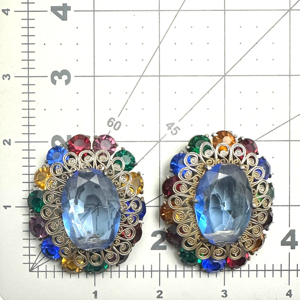 1930s 1940s Art Deco large multicolor Czech glass rhinestones set 2 dress clips