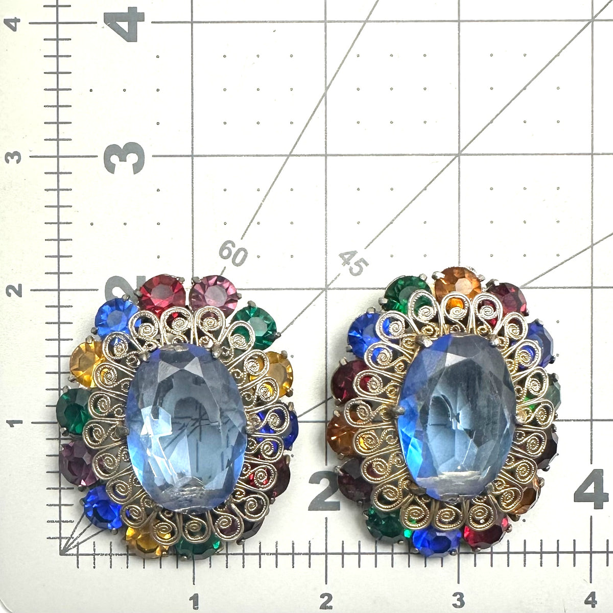 1930s 1940s Art Deco large multicolor Czech glass rhinestones set 2 dress clips