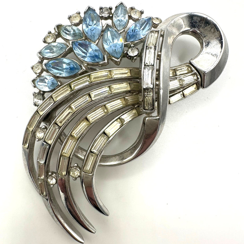 Trifari Alfred Philippe 1952 Comet silver tone clear sky blue rhinestones brooch