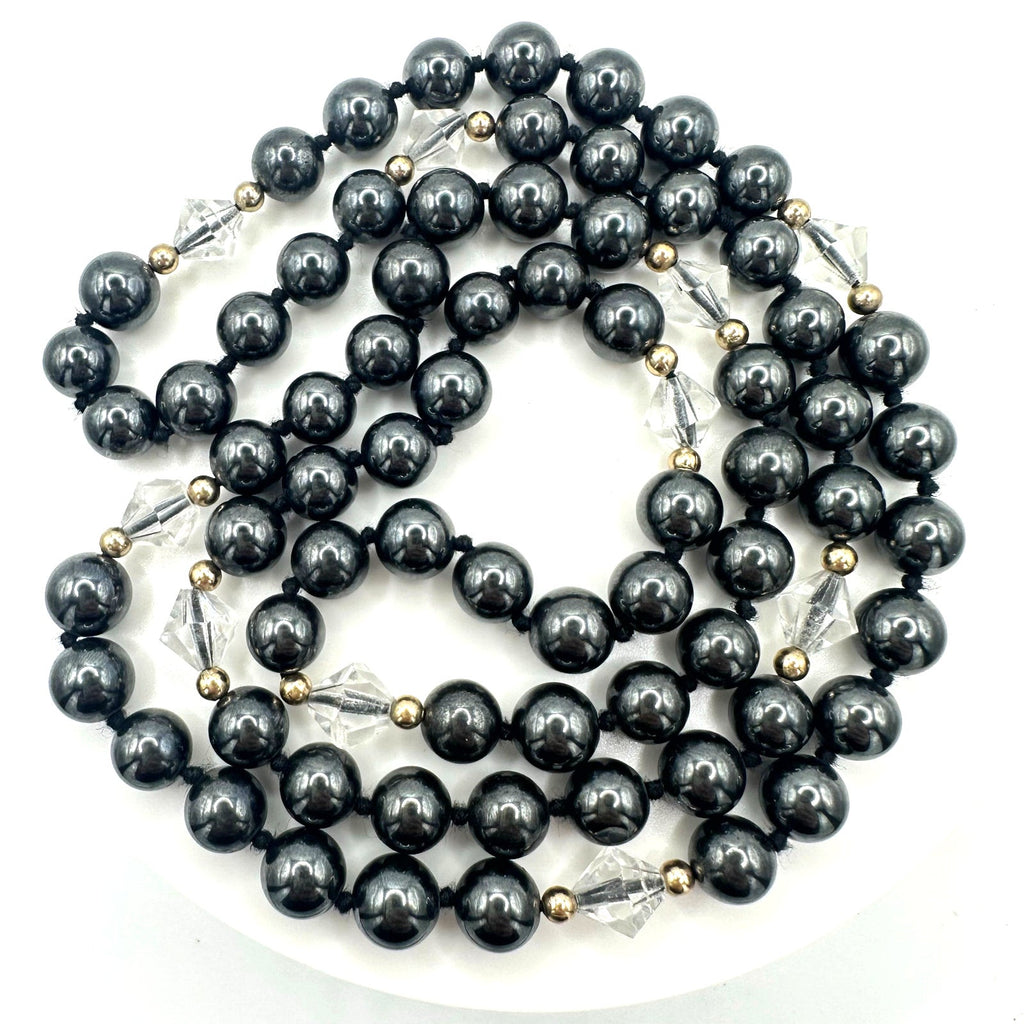 Silver semiprecious hematite clear glass 8mm beads beaded hand knotted necklace