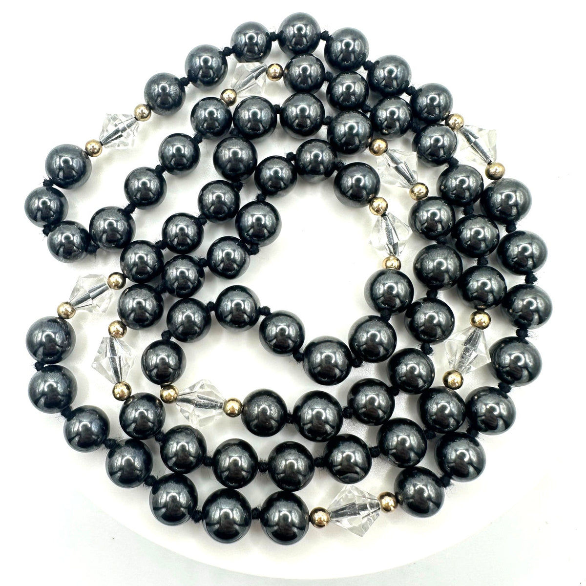 Silver semiprecious hematite clear glass 8mm beads beaded hand knotted necklace