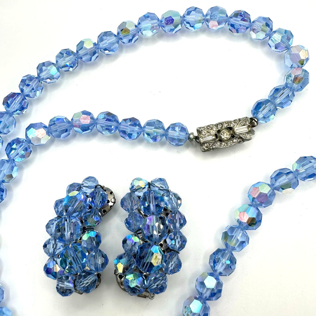 Vintage light blue aurora borealis AB glass beaded necklace clip on earrings