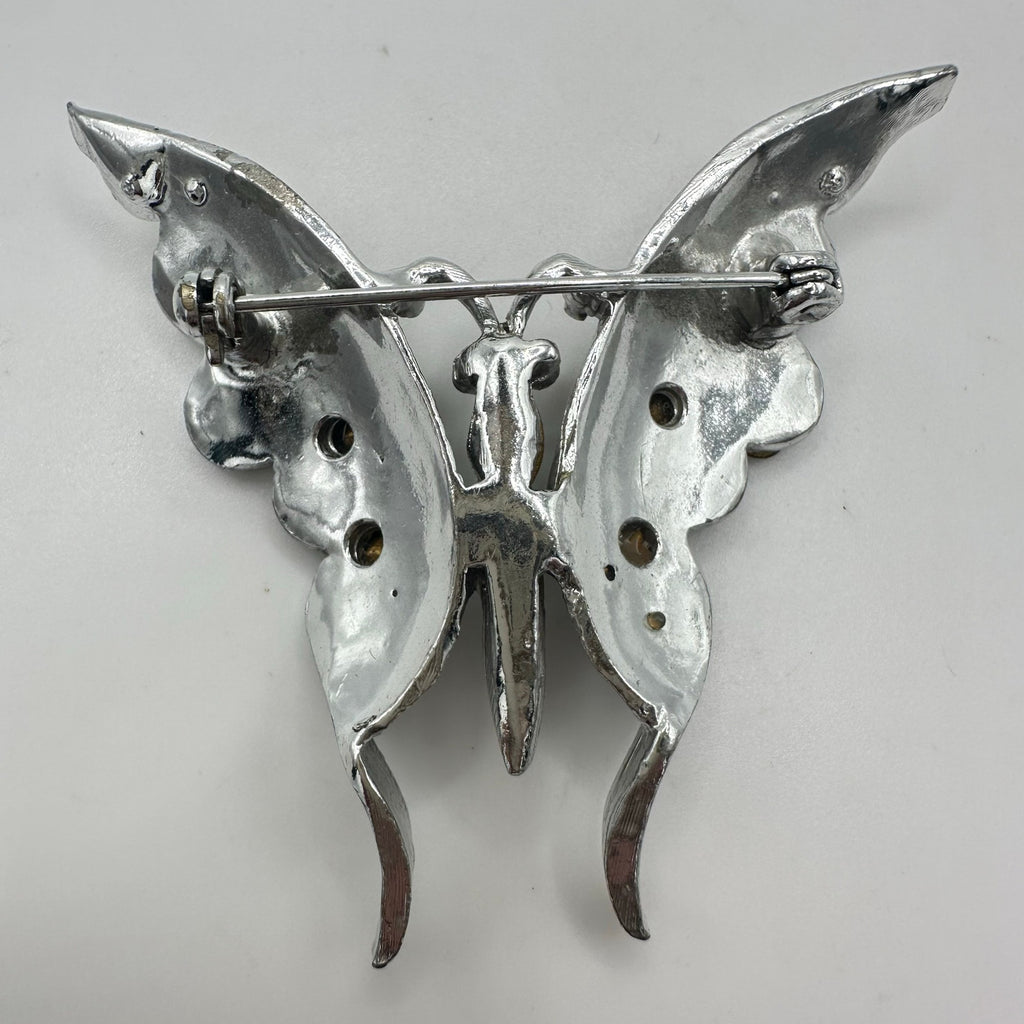 Vintage 1940s silver tone rhodium plated clear red rhinestones butterfly brooch