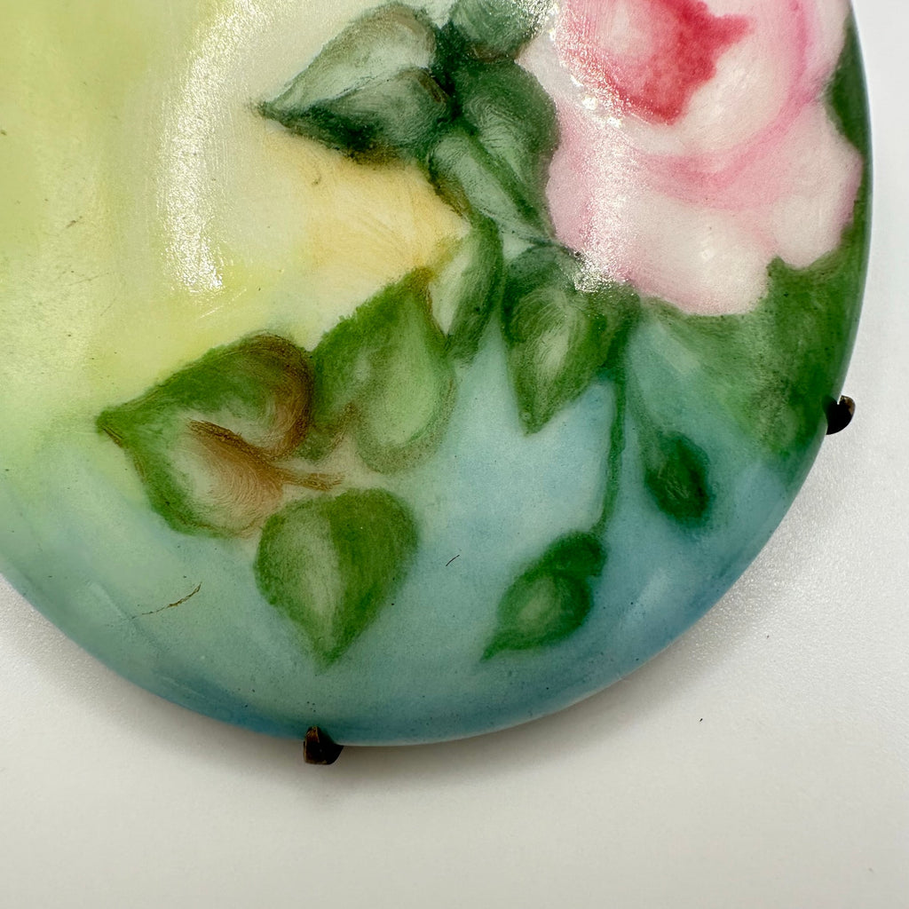 Antique Victorian Edwardian hand painted pink green yellow blue floral brooch