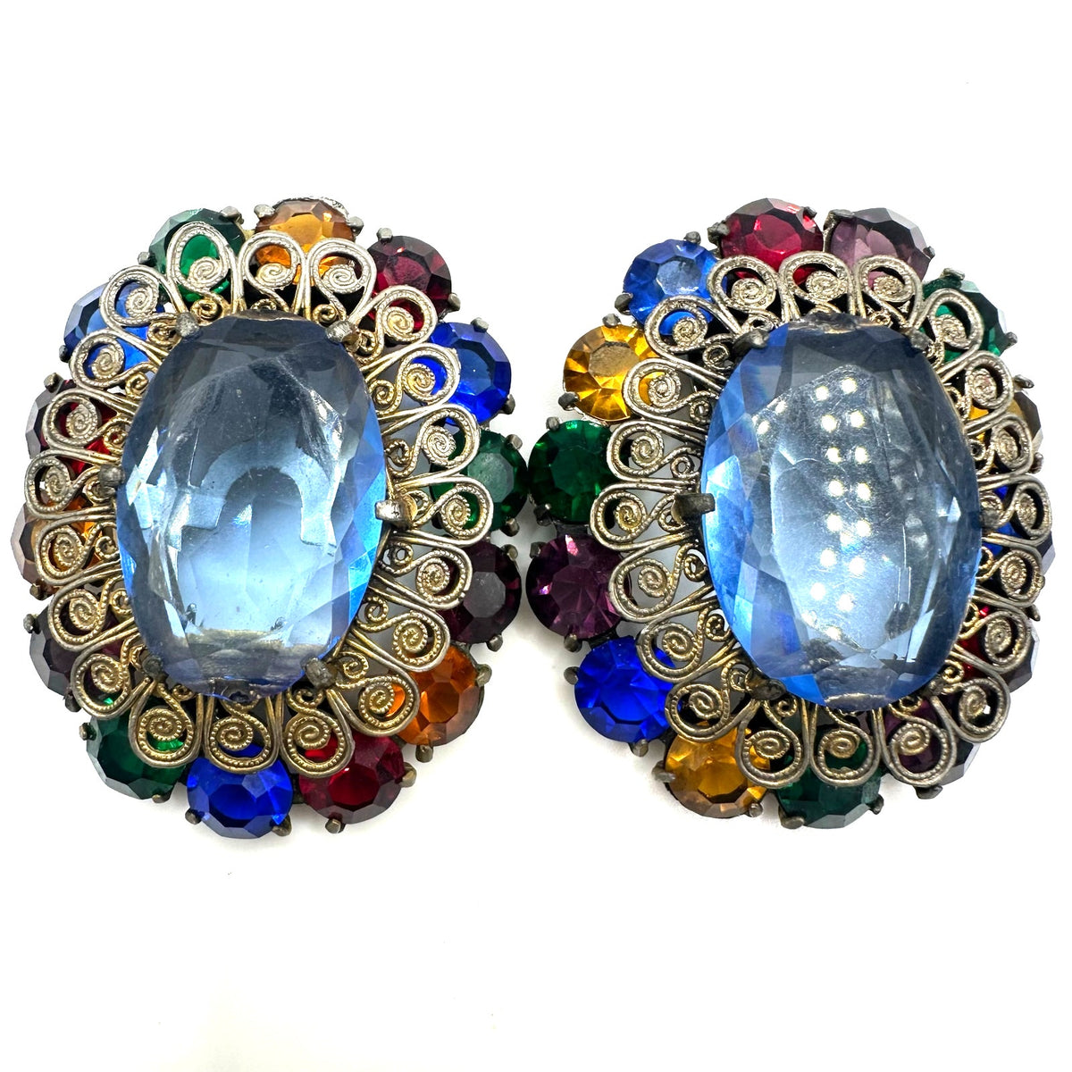 1930s 1940s Art Deco large multicolor Czech glass rhinestones set 2 dress clips