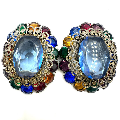 1930s 1940s Art Deco large multicolor Czech glass rhinestones set 2 dress clips