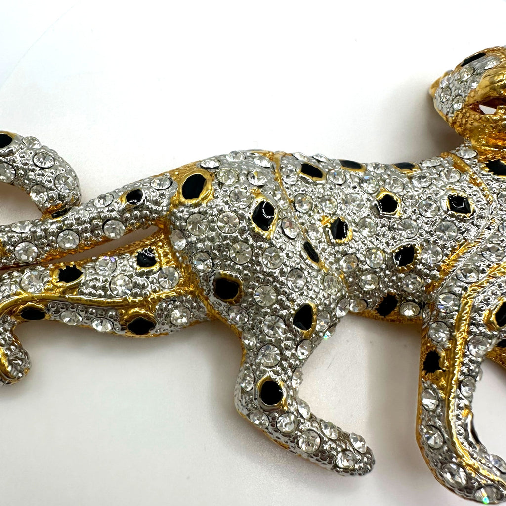 Vintage gold tone clear rhinestones black enamel leopard big cat figural brooch