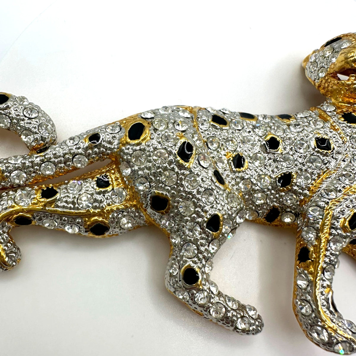 Vintage gold tone clear rhinestones black enamel leopard big cat figural brooch