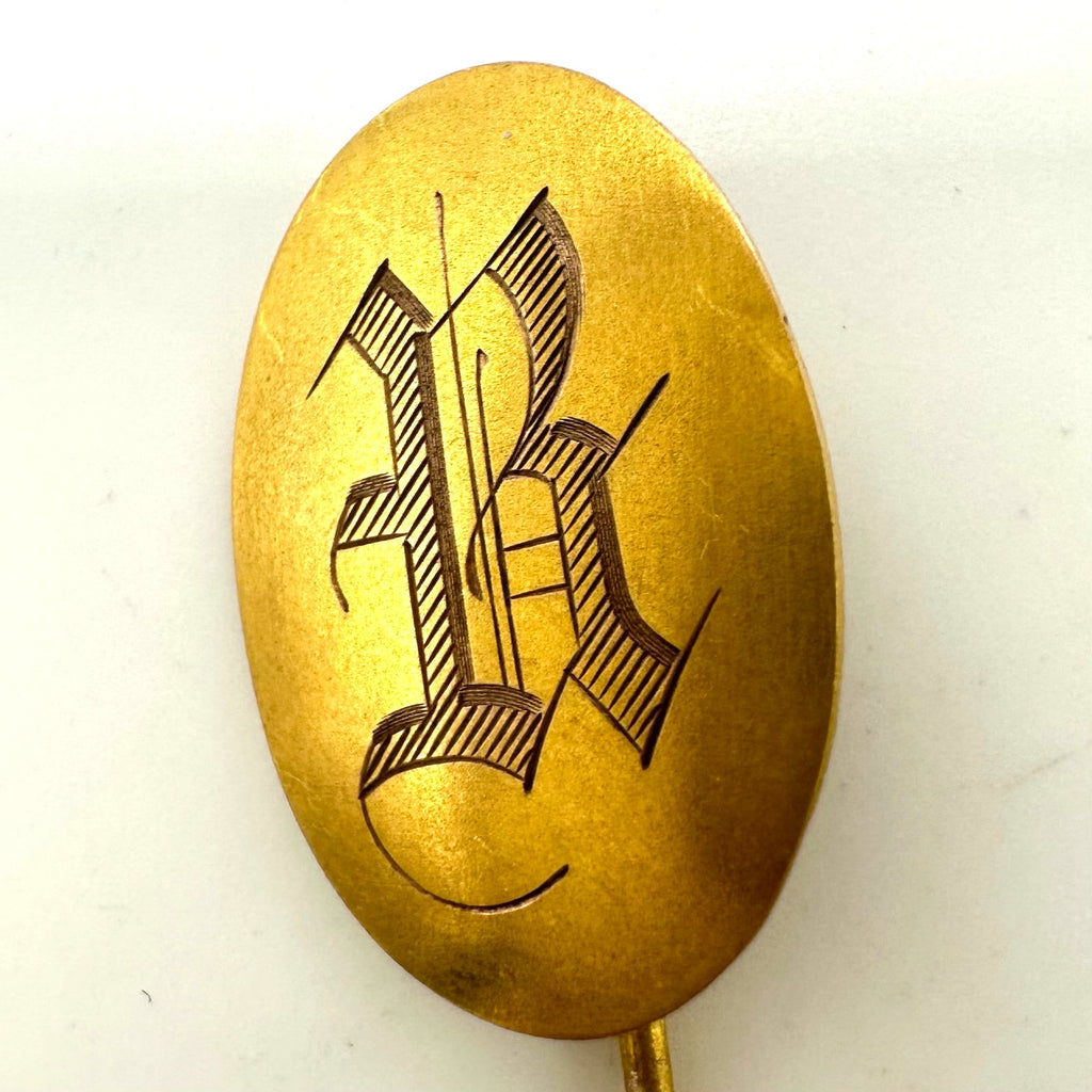 Antique Victorian solid 10kt yellow gold etched “K” initial stick pin brooch