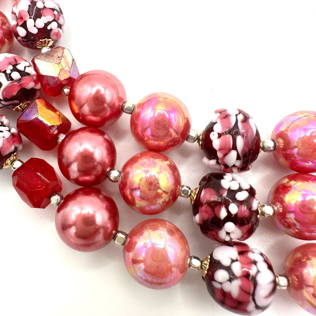 Japan vintage 3 strand pink AB lucite faux pearls red glass beaded necklace