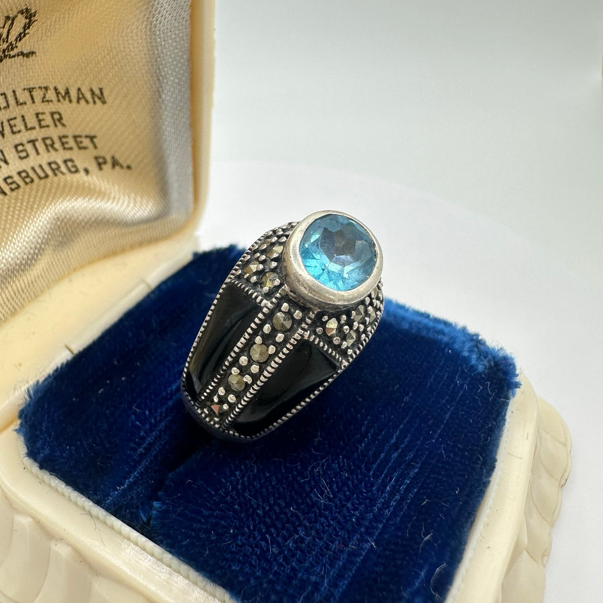 Vintage sterling silver genuine blue topaz marcasite black enamel ring 6