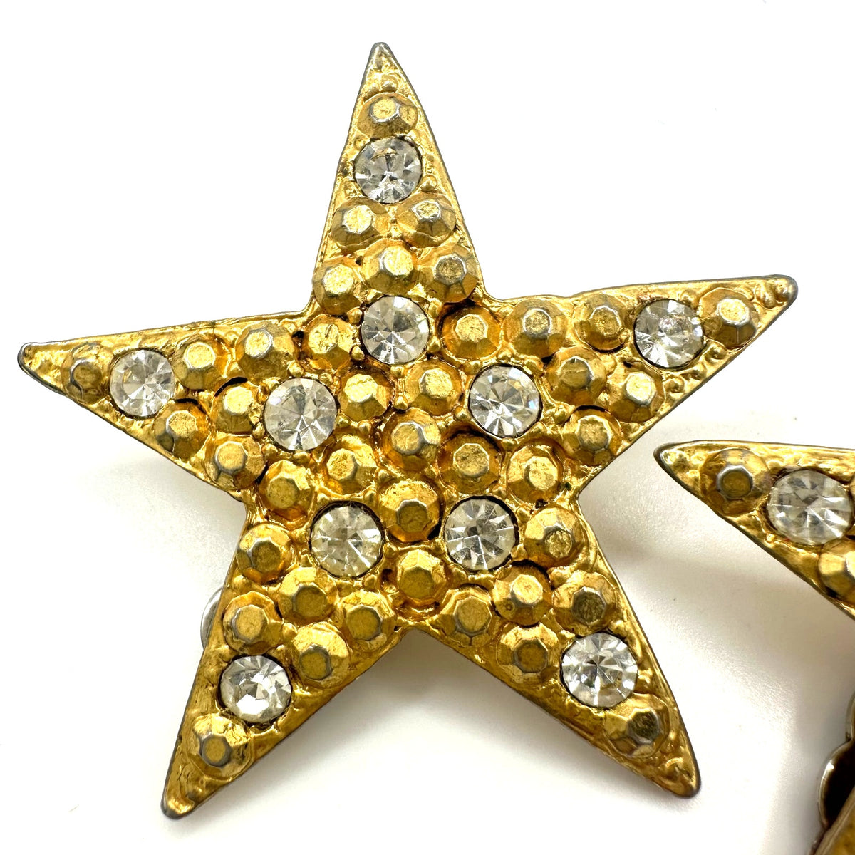 Vintage 1990s gold tone clear rhinestones 5 point stars clip on earrings