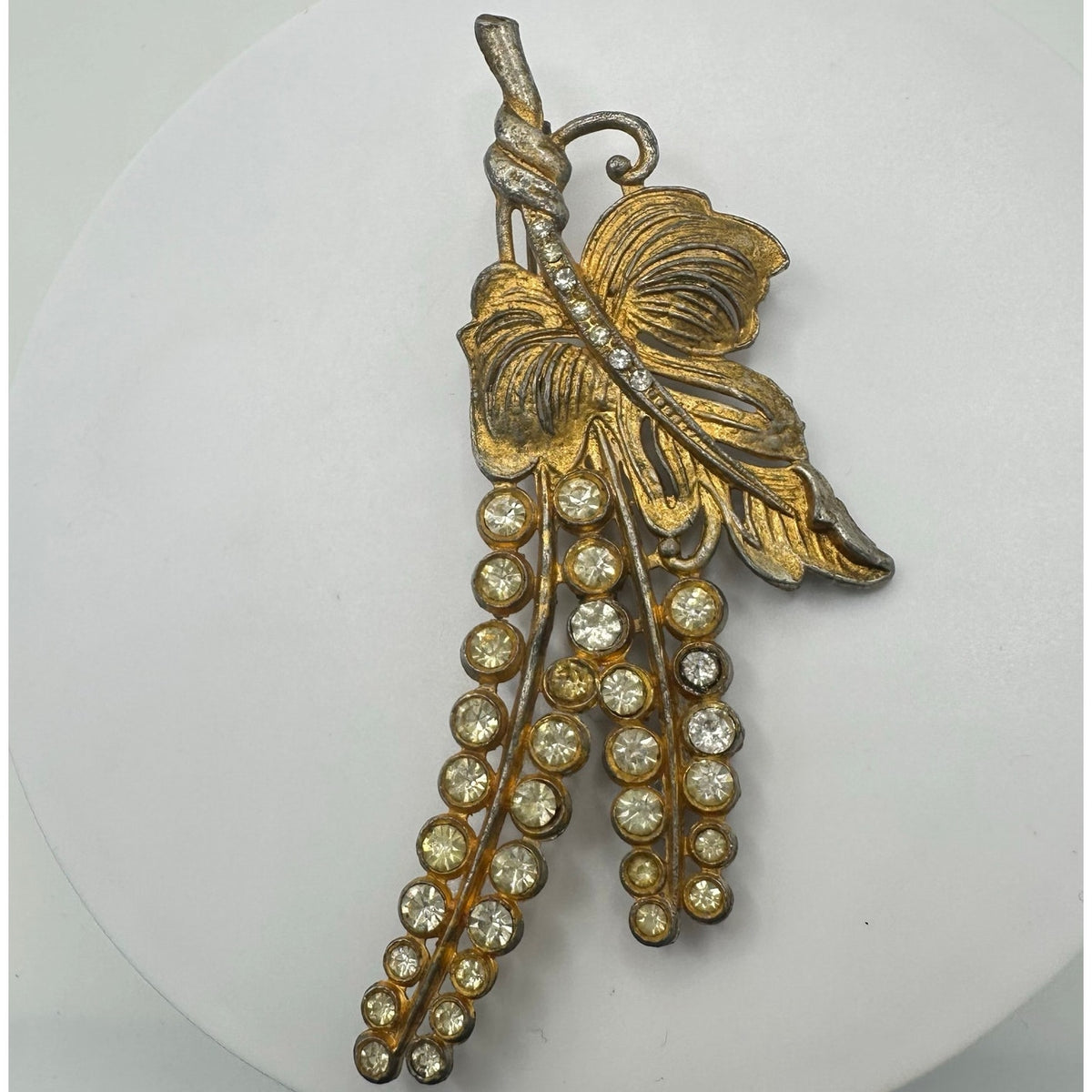 Vintage 1940s gold plated clear rhinestones floral buds fruit brooch pin