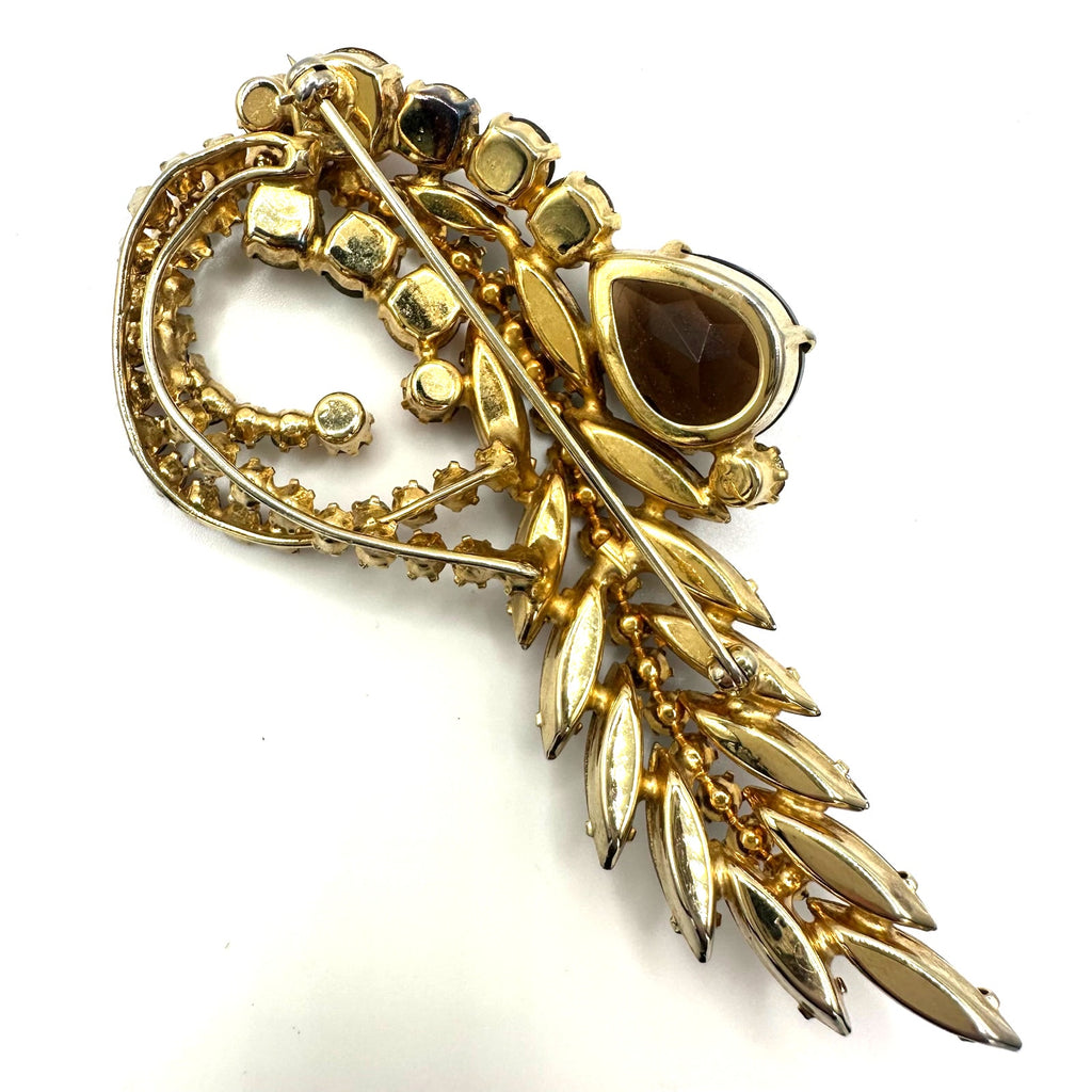 Vintage gold tone amber brown topaz glass AB aurora borealis rhinestones brooch