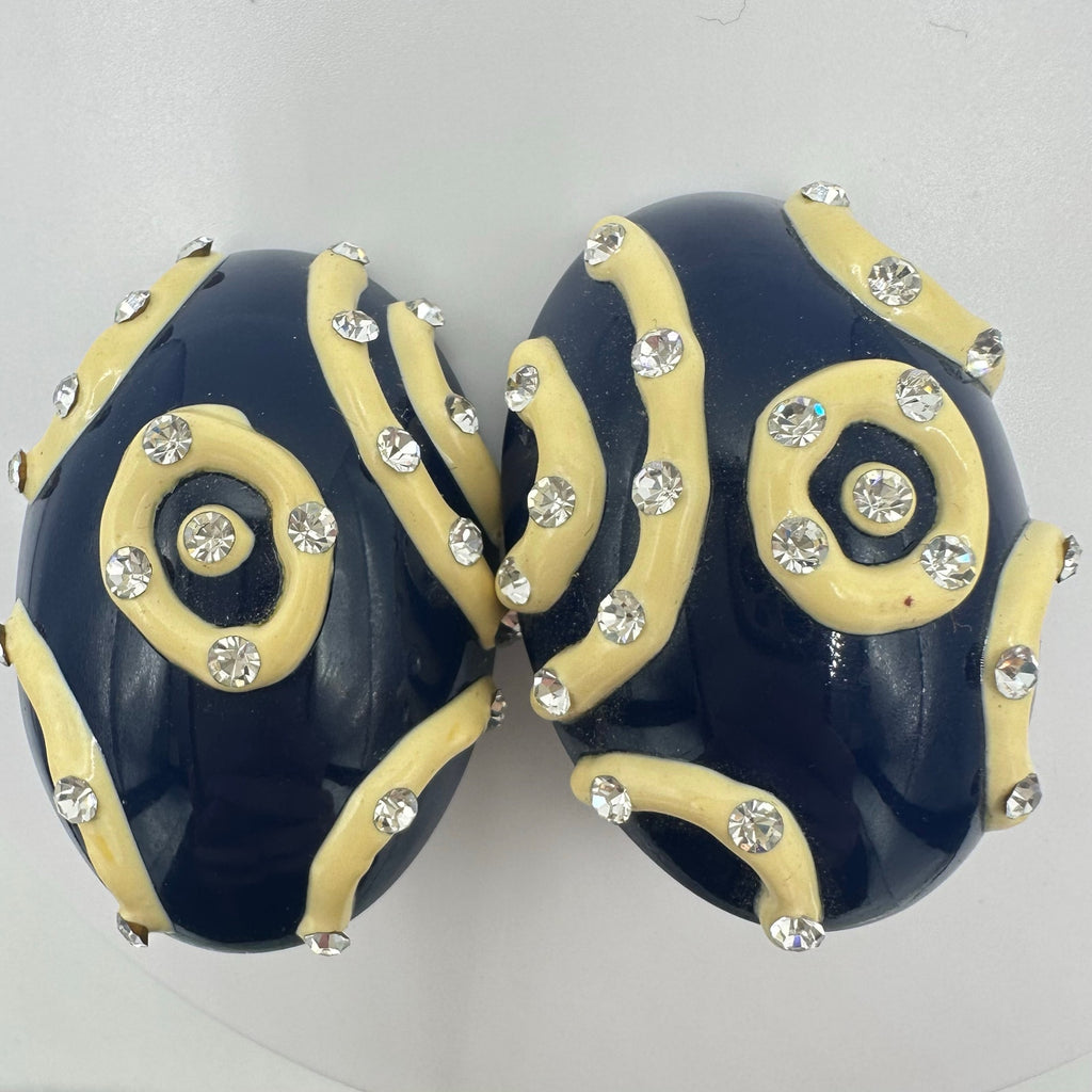 1980s vintage navy blue enamel cream rhinestones statement clip on earrings