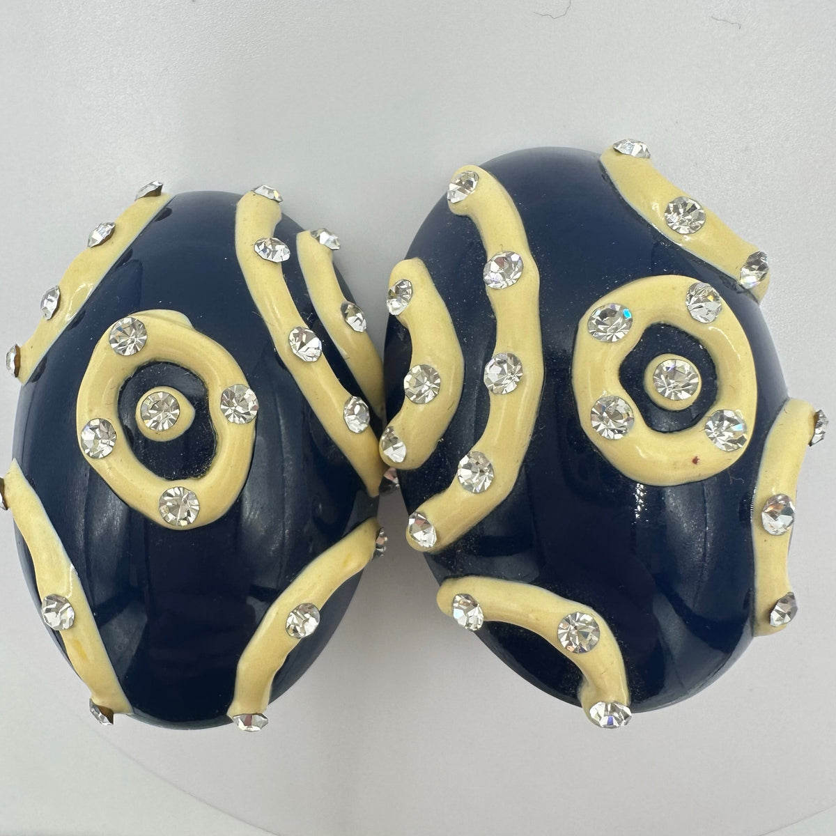 1980s vintage navy blue enamel cream rhinestones statement clip on earrings