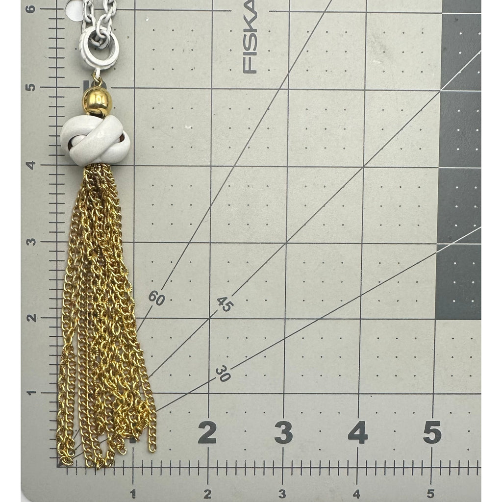 Vintage chunky gold tone white enamel knotted tassel fringe chain necklace