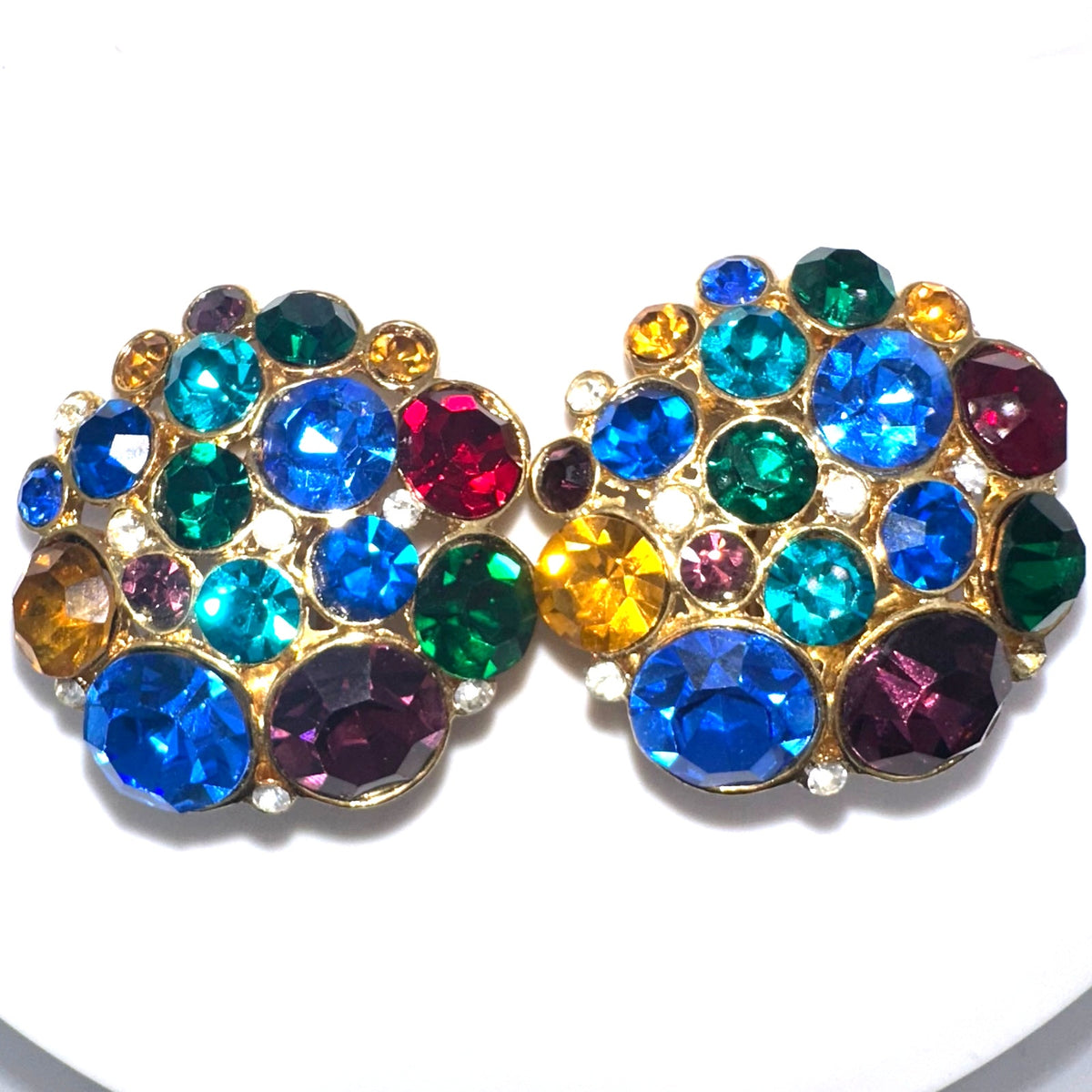 1980s 1990s vintage gold tone multicolor glass rhinestones clip on earrings