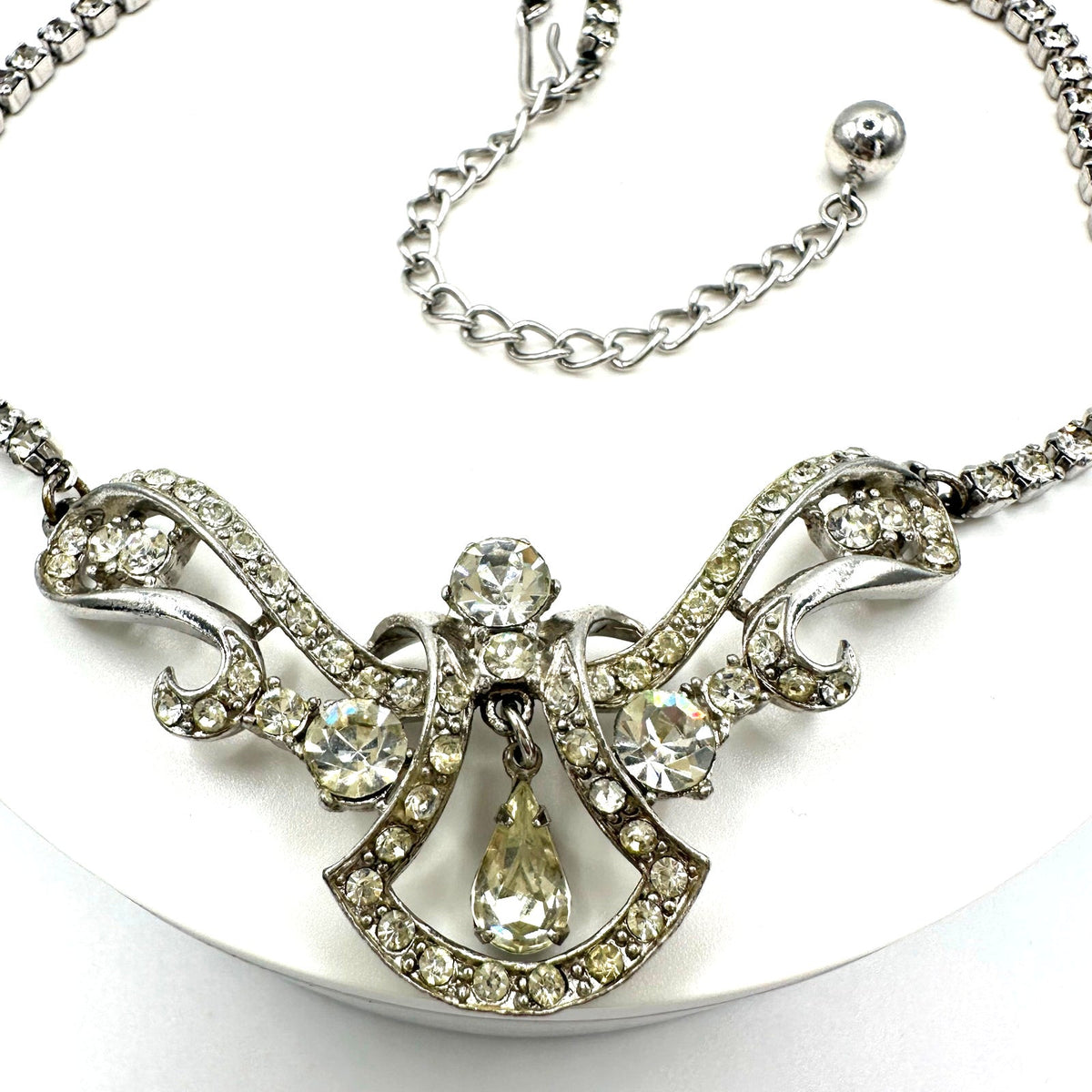 Coro Louise 1940s vintage silver tone clear rhinestones swag necklace