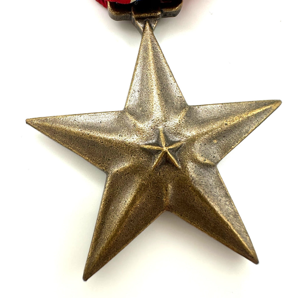 Vintage 1940s World War Two WWII bronze star medal red blue ribbon pin brooch