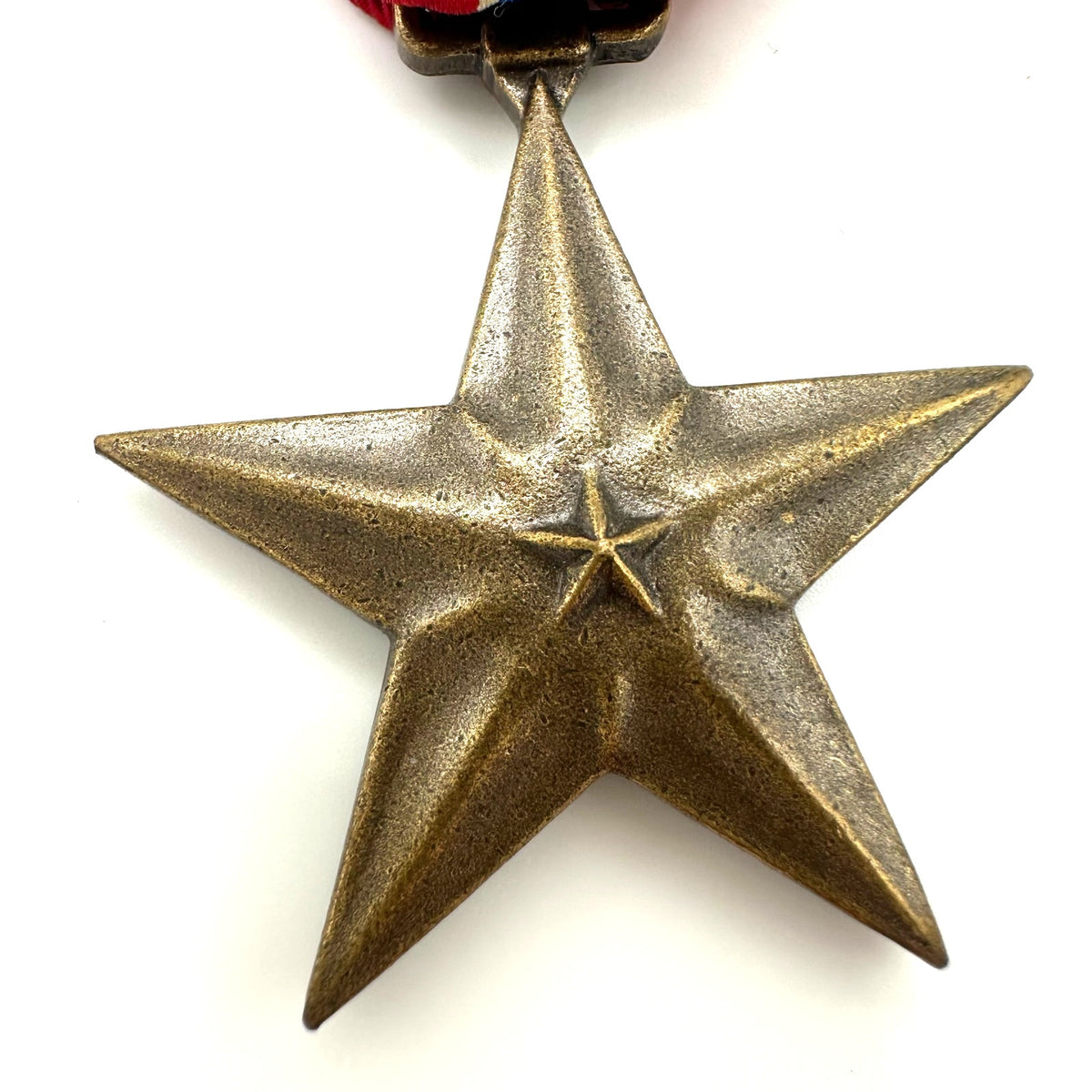 Vintage 1940s World War Two WWII bronze star medal red blue ribbon pin brooch