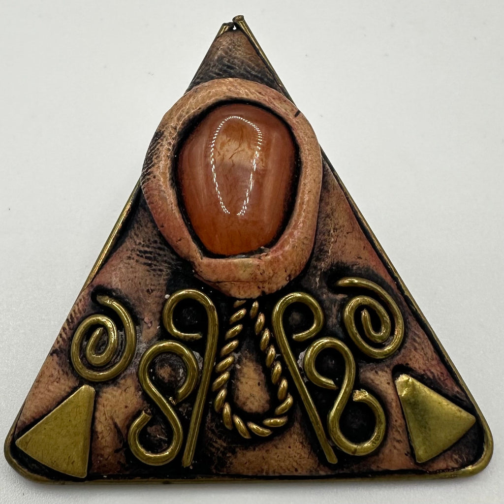 Vintage gold tone brass genuine carnelian handmade triangle modernist brooch