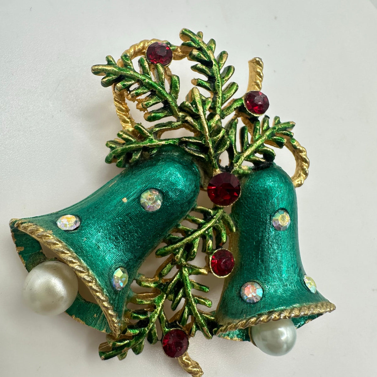 Vintage gold tone AB red rhinestones green enamel Christmas bells brooch