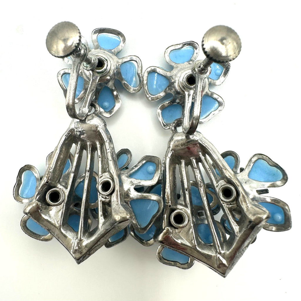 Vintage silver tone blue celluloid flowers rhinestone dangle screw back earrings