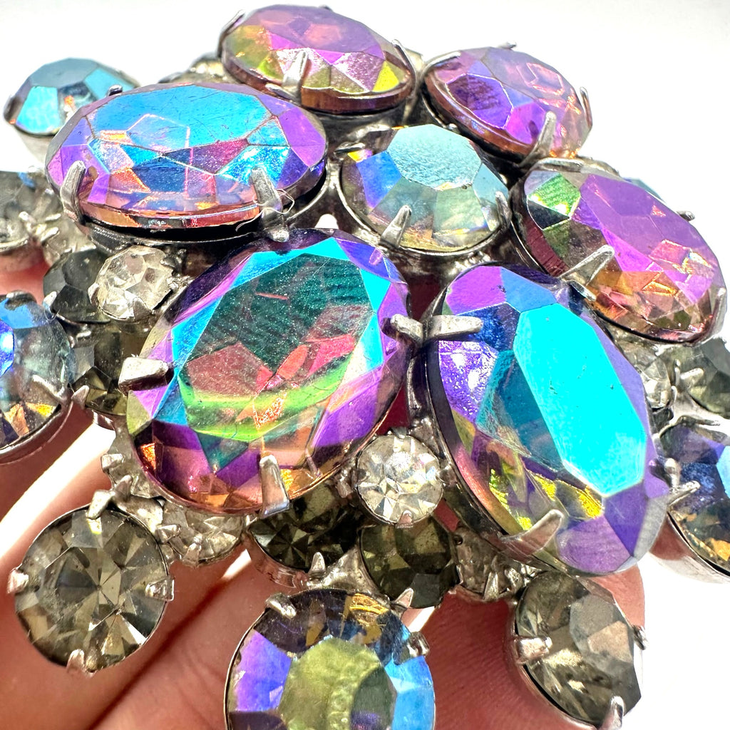 Juliana vintage silver tone aurora borealis AB gray rhinestones headlight brooch