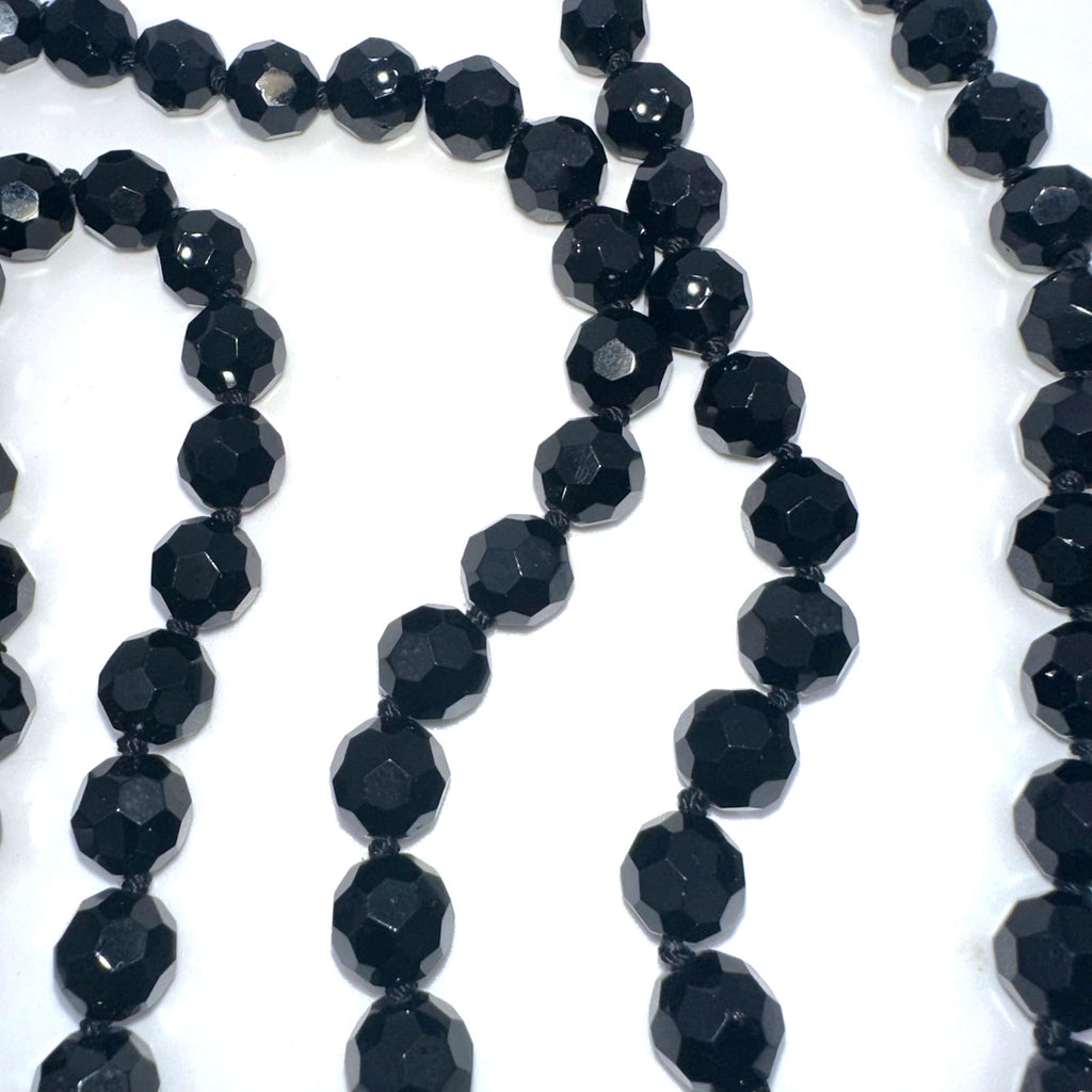 Extra long 72” black faceted glass 10mm beads beaded hand knotted necklace